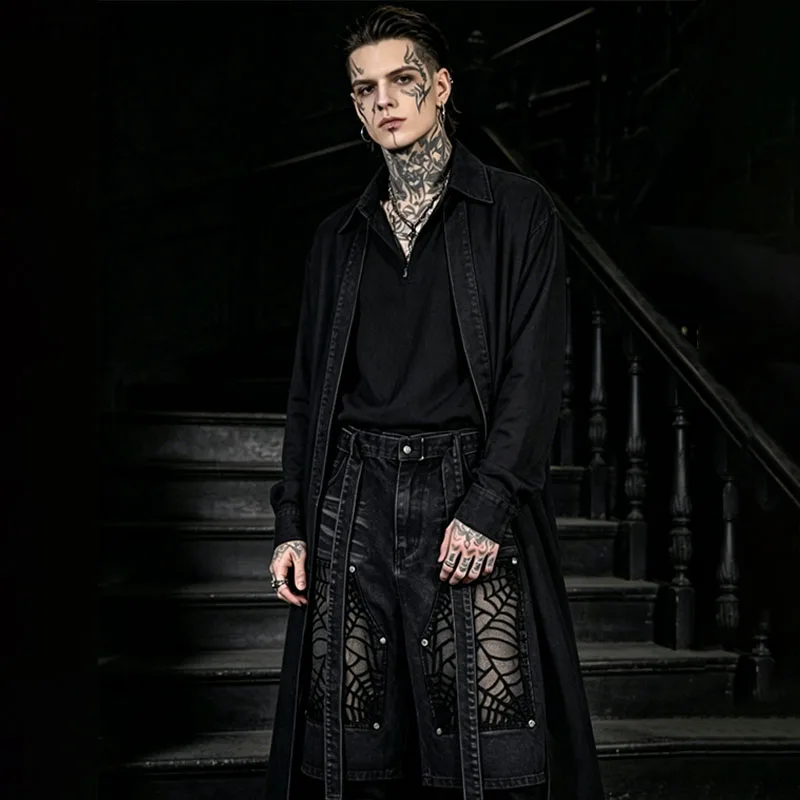 American High Street Spider Web Embroidered Denim Shorts Washed And Worn Workwear Wide Leg Cropped Pants Unisex