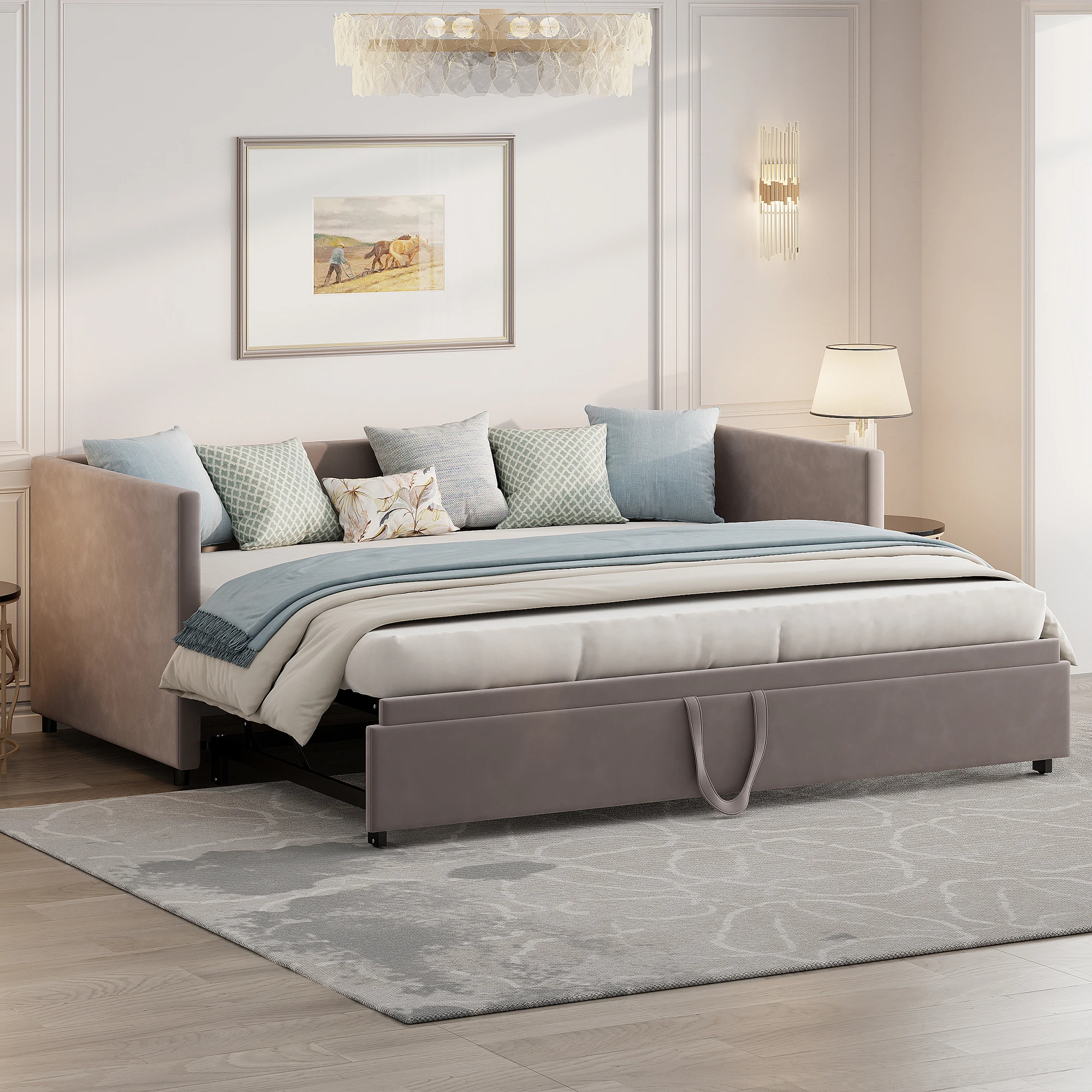 Sofá Cama Fangange, Cama Individual, Cama Doble, Cama para Adultos, Estructura de Cama Extensible, Estructura de Cama con Láminas, Se Puede Usar para Sentarse o Dormir, Terciopelo, para Dormitorio, Habitaciones Pequeñas, Apartamentos, Habitaciones de Huéspedes, 90/180x200cm