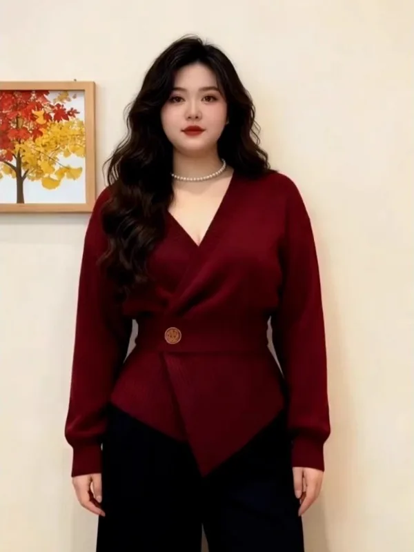 

Stunning Cisas Red Knitted Top White Enhancing Waist Cinched V-Ne Sweater Retro Wine Red Color Autumn Winter Faionabl...