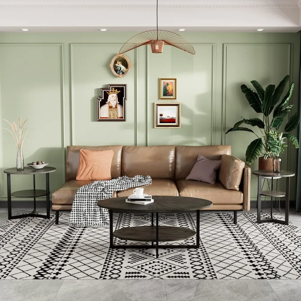 Modern Industrial Style Oval Coffee Table with Metal Cross Legs and Open Shelf, 43.3 inches