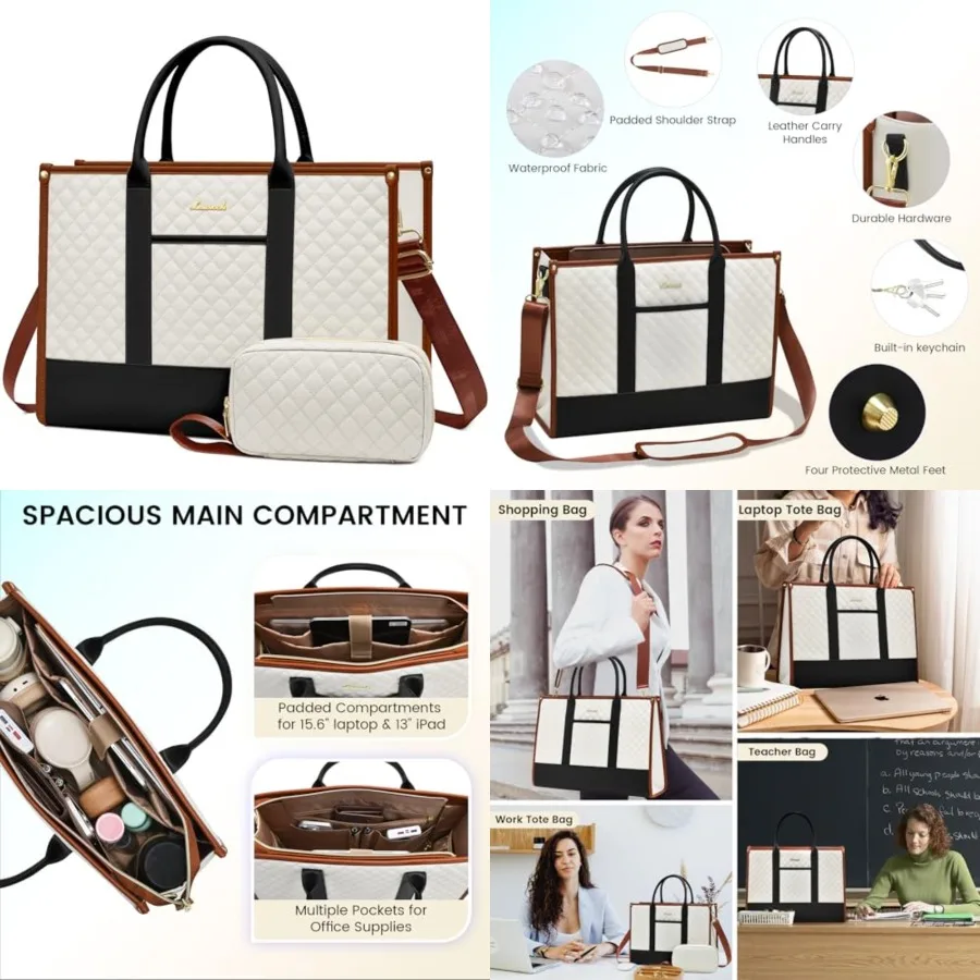 

Laptop Bags for Women, Waterproof Work Tote Bag with Clutch, Professional Teacher Computer Purse Lightweight Shoulder Bag Trave