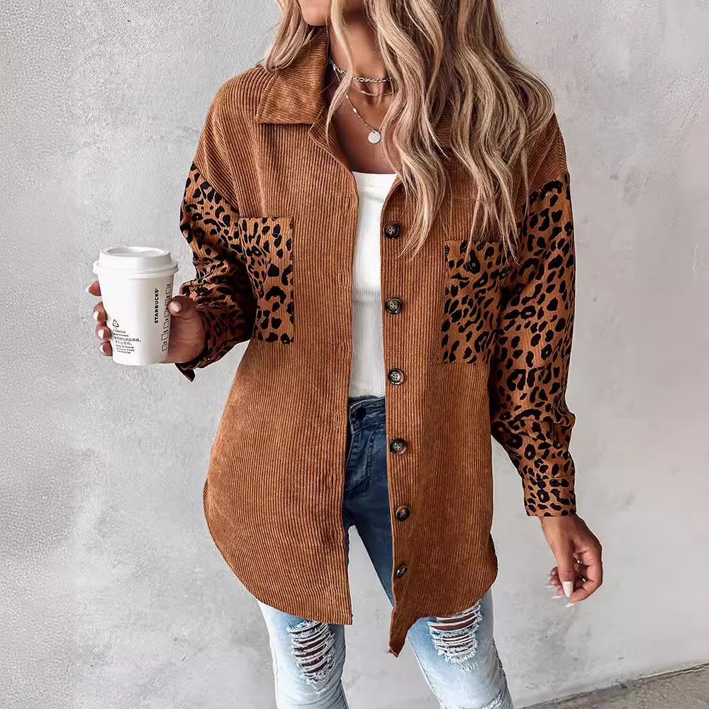 Women's Clothing Leopard Print Contrast Color Coat Shirt Jacket Shacket Long Sleeve Single Breasted Button Pockets