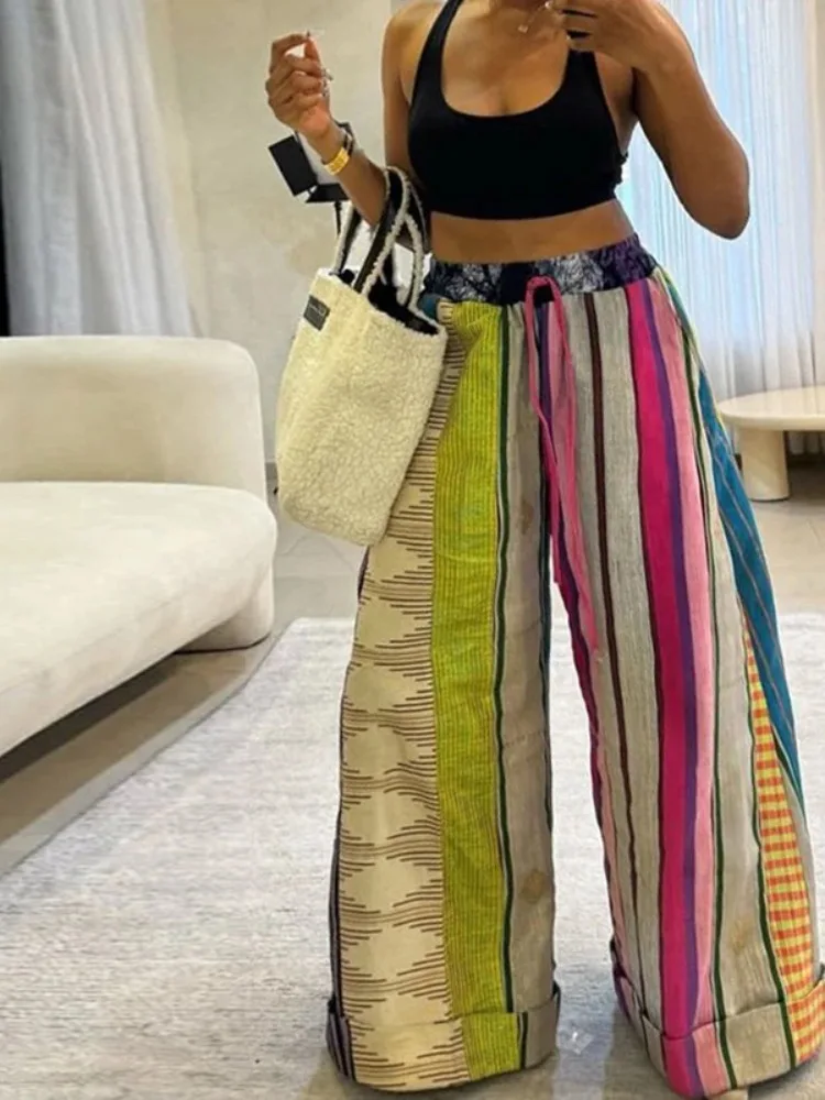 UOOZEE Women's Striped Printed Wide Leg Pants 2025 New Fashion Contrast Color Drawstring High Waisted Loose Streetwear Trousers