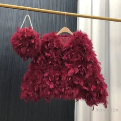 Abrigo de plumas para mujer, cuello redondo, Color sólido dulce, invierno, plumas de avestruz cortas, abrigos de algodón de piel auténtica, ropa cálida para fiesta de cumpleaños