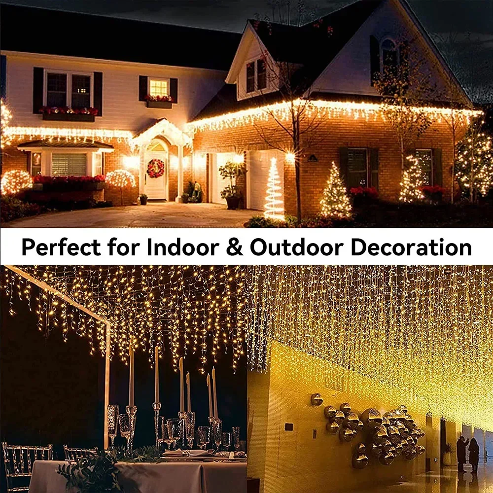 Ramadan Decorations 2024 For Outdoor Waterproof LED Curtain Icicle Fairy String Light Street Garland On The House Winter