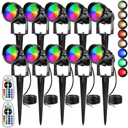 10pcs Outdoor Landscape Lighting 12V RGBW Landscape Spot Light with Remote for Lawn Tree Garden Path 12W Waterproof with Spike
