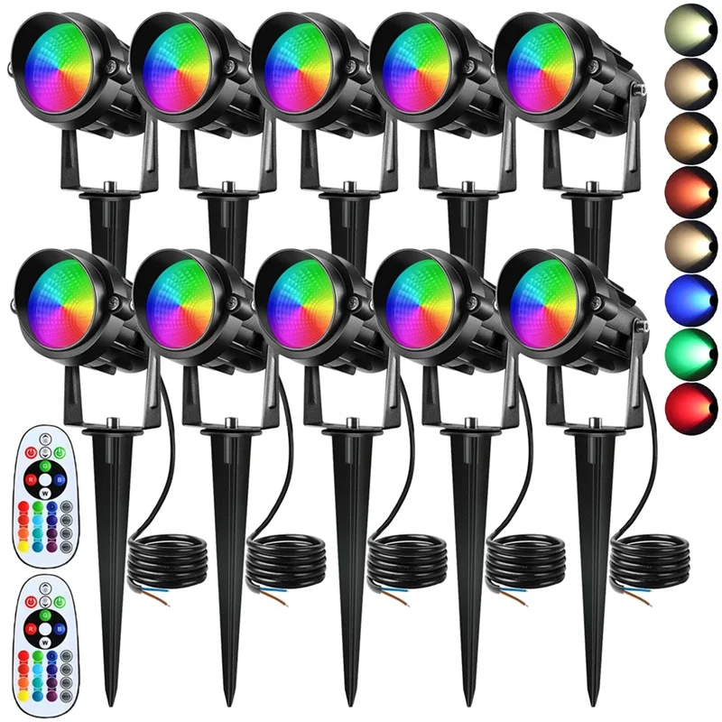 rgbw paisagem spot light com controle remoto iluminacao ao ar livre para gramado arvore caminho do jardim impermeavel com spike 12v 10 pcs 01