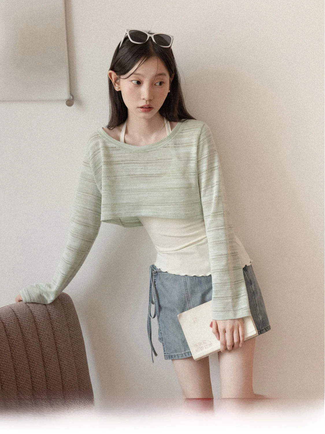 

Green Hollow out Long Sleeve T-Shirt Knittedwear Women's Spring Hanging Neck Vest Two-Piece Set Casual Style Standard Fit Cotton