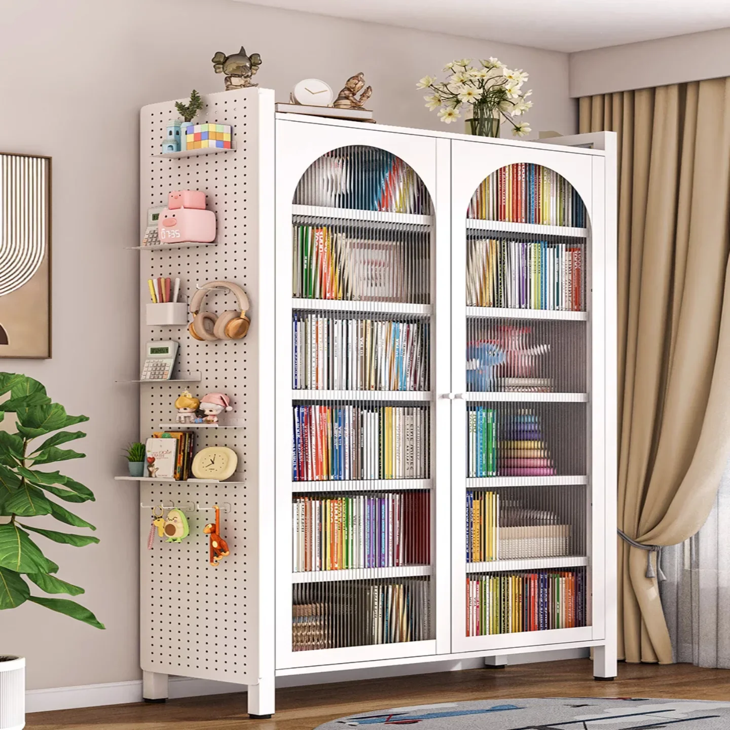 Steel bookcase opposite the door, dust-proof bookcase, living room storage integrated, movable floor storage