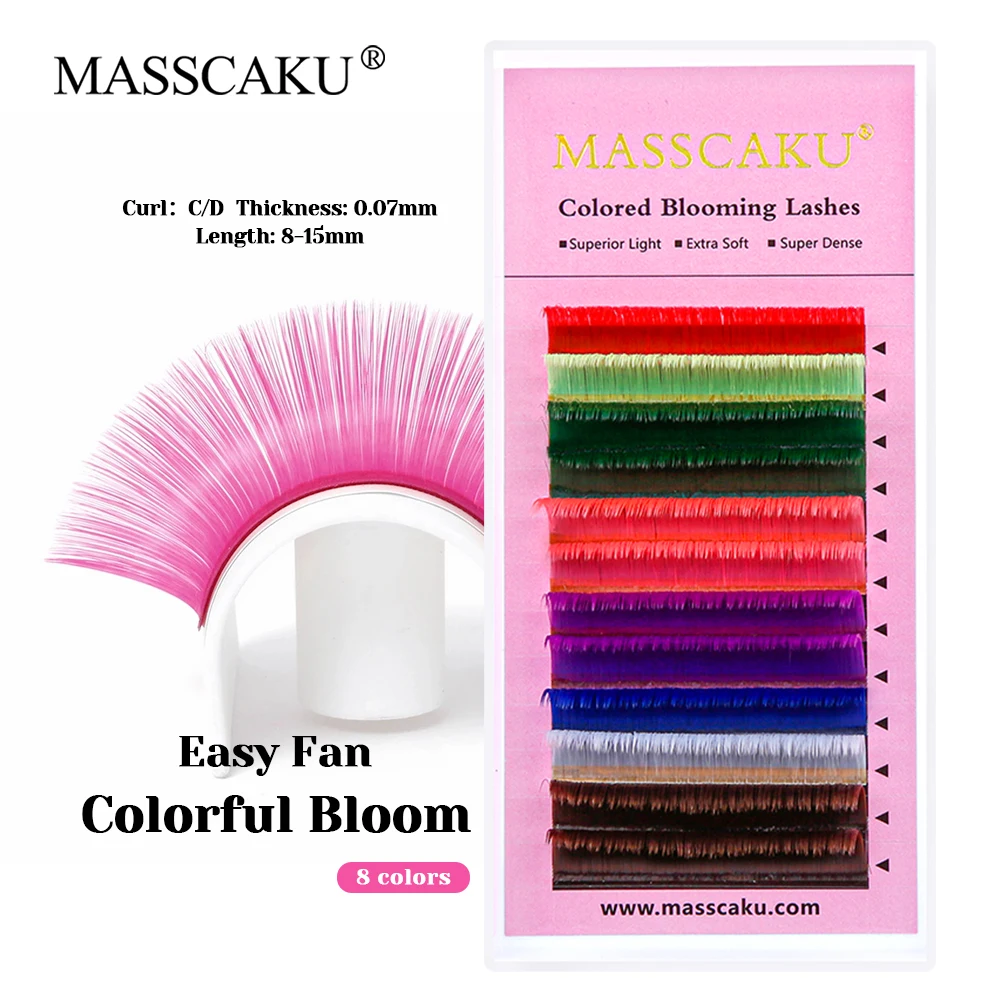 

New Design MASSCAKU 0.07mm Thickness Colorful Automatic Fanning Lash Long-lasting Colored Easy Blooming Lashes for Beauty Salon