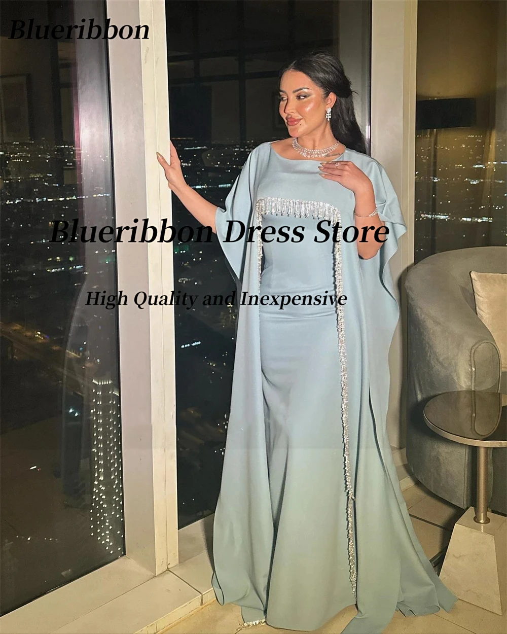 Blueribbon Saudi Arabia Evening Party Dresses Customized Tassels Beading Shawls Prom Dress Zipper Back Special Occasion Gowns