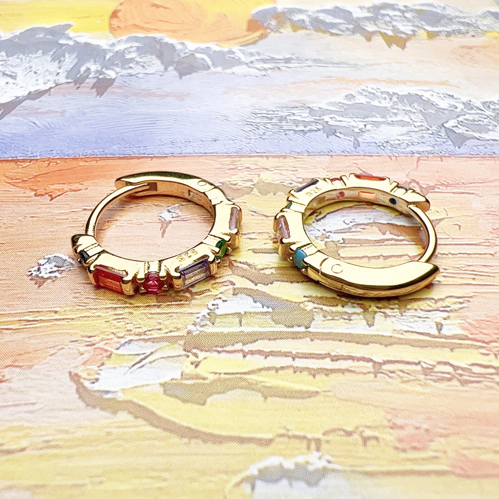 Kreolische Creolen mit Scharnier, bunte Steine, europäischer Stil, feiner Schmuck, Geschenk aus massivem 925er-Sterlingsilber für Frauen – Detail 6