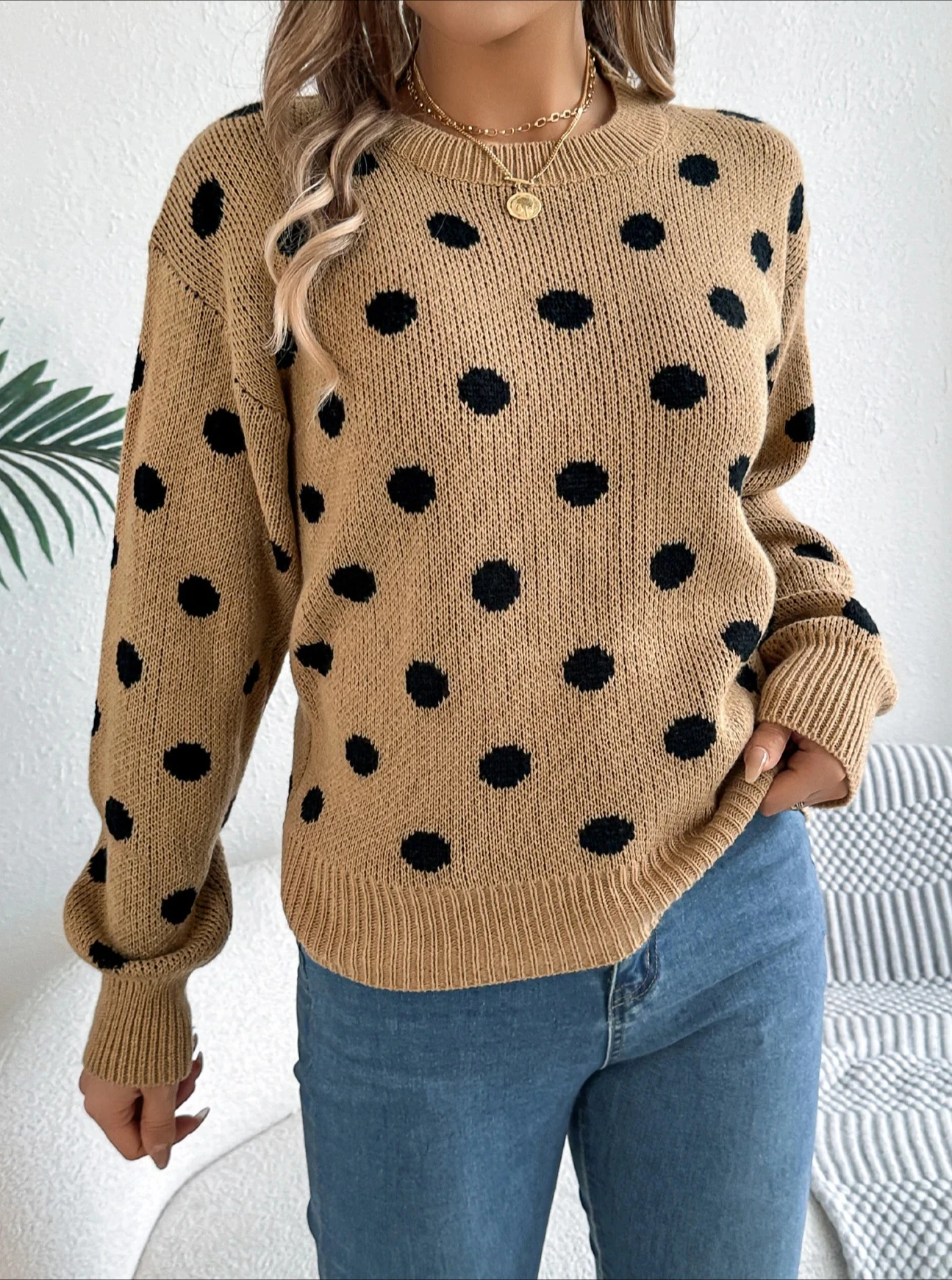 

Women Casual Round Neck Lantern Long Sleeve Pullover Autumn Winter Fashion Polka Dot Pattern Knitted Sweaters
