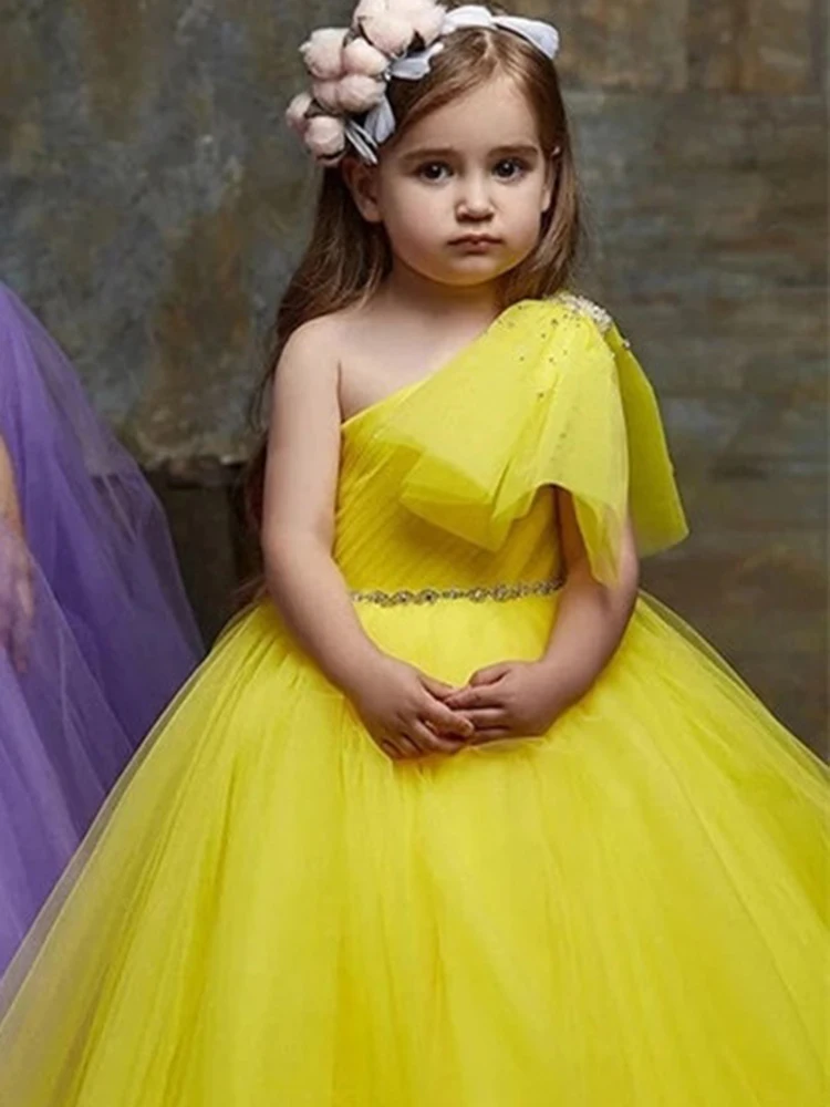 New Shiny Sash One Shoulder Flower Girl Dresses Kids Princess Birthday Party Gowns Flower Girl Bridesmaid Elegant Dress