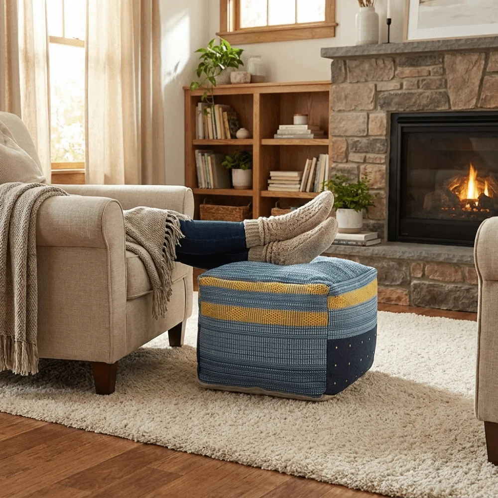 Thick Footstool Cover Unstuffed Color-Woven Jacquard Pouf Ottoman Large Capacity Nordic Futon Cushion Cover Living Room
