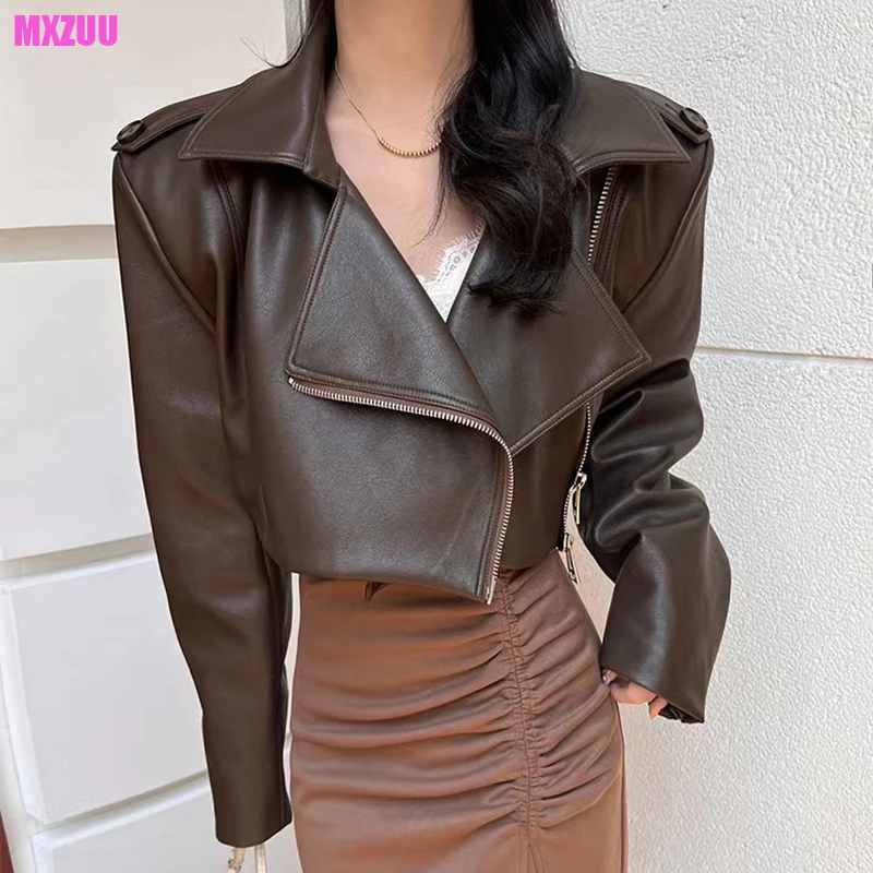 Leather Jacket Women Natural Leather Spring New Fashion Loose Motorcycle Zipper Wide Lapel Short Sheepskin Coat Deri Yelek Kadın