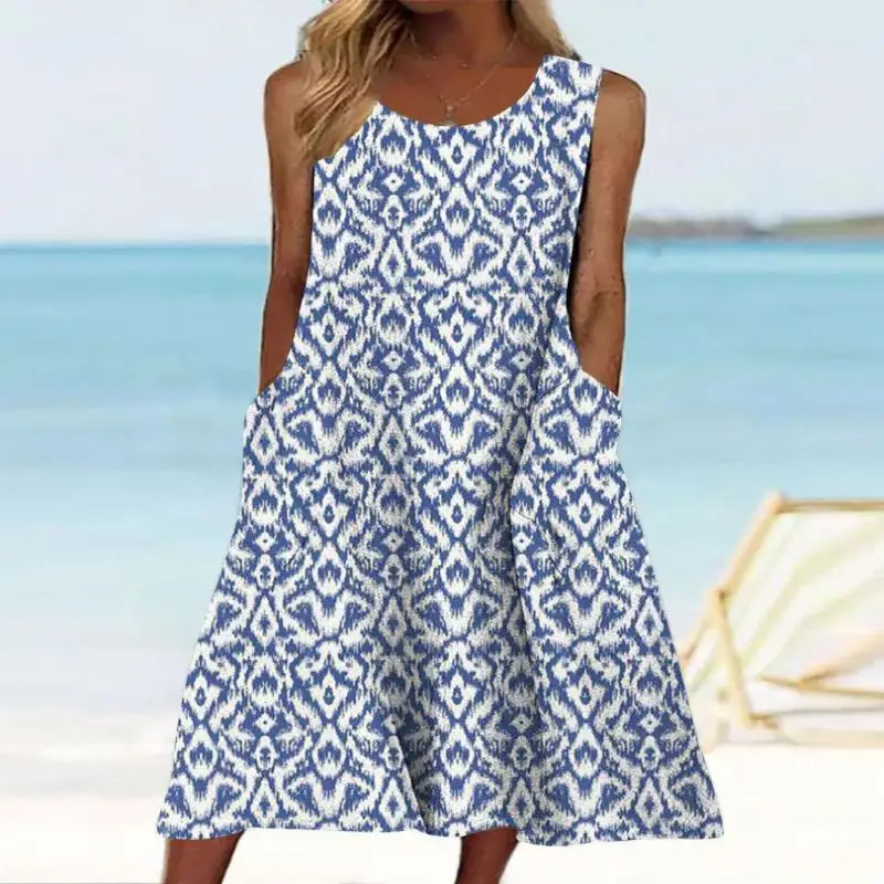 

Women's Blue Sleeveless Scoop Neck Pockets Graphic Printed Midi Dress