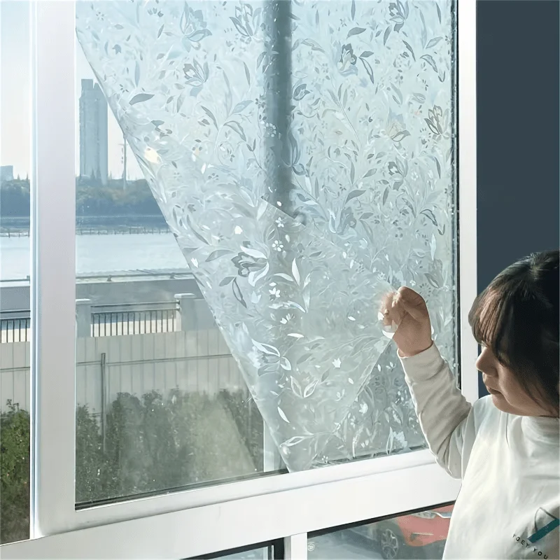 Painted Floral Privacy Window Film Static Cling Light Block Heat Control Removable Decorative UV Protection for Home Glass