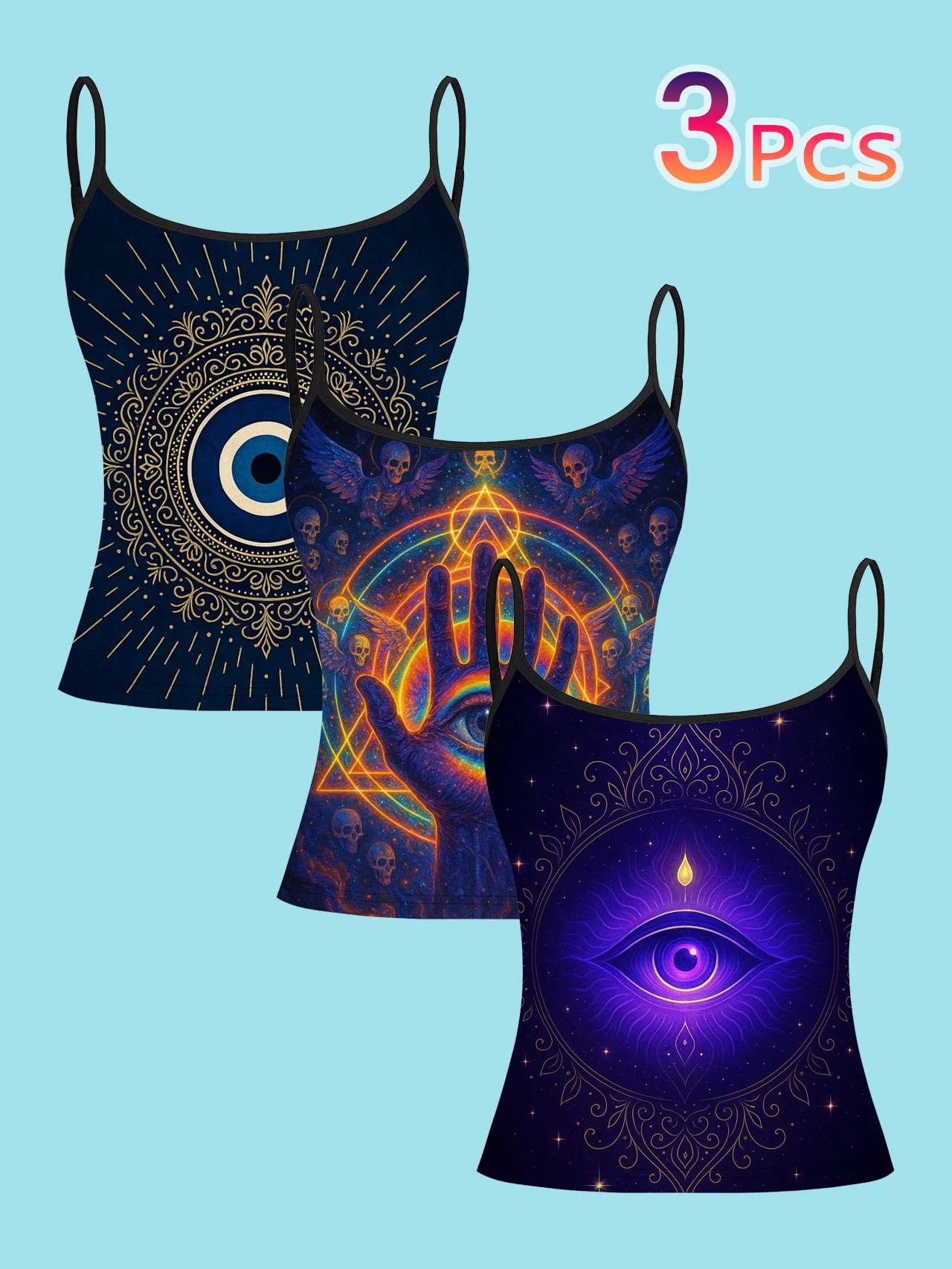 3-Piece Set of Esoteric Evil Eye Print Camisole Tops for Women, Summer Slim-Fit Spaghetti Strap Personalized Inner Wear