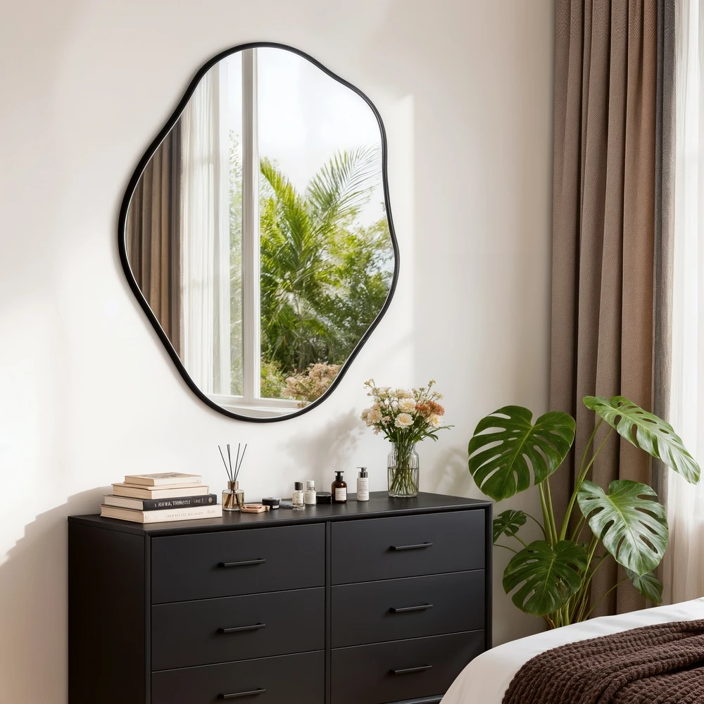 Asymmetrical Black Wall Mirror, Large Irregular Modern Wall Mounted Mirror with Aluminum Alloy Frame, Unique Freeform Decorative Art Mirror for Living Room, Bedroom, Entryway & Hallway