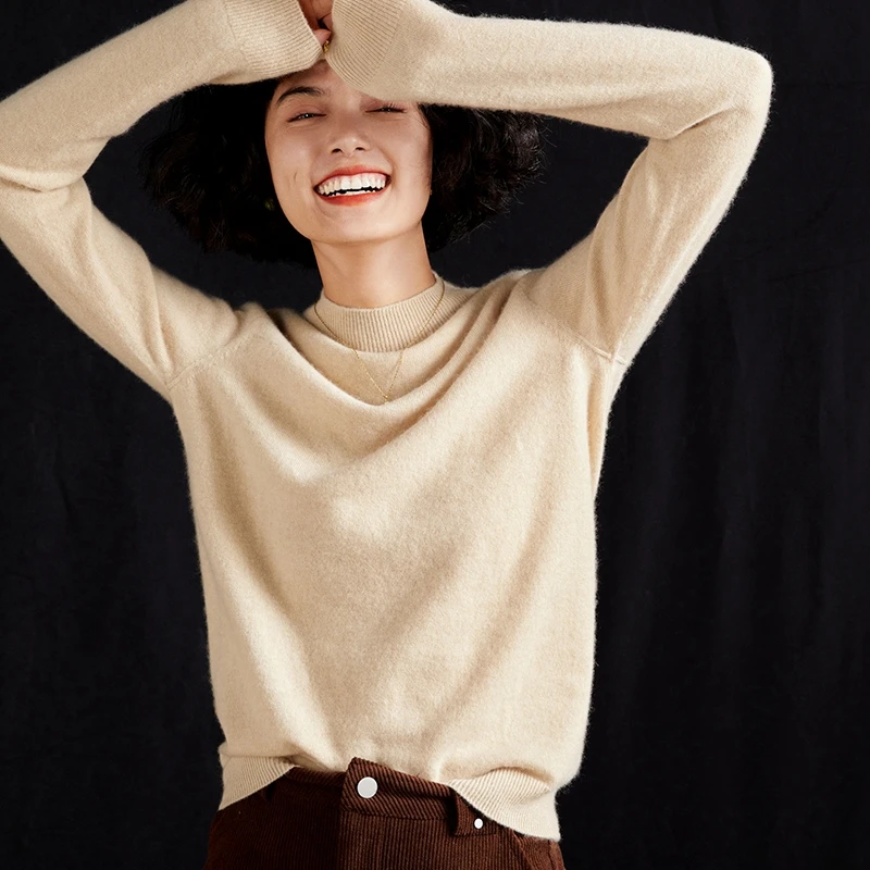Seamless autumn and winter 100% cashmere sweater women's half high neck pullover solid color knitted versatile cashmere sweater
