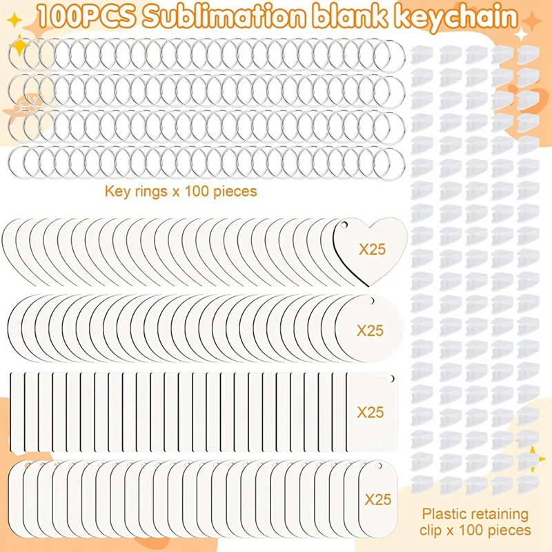 300 buah gantungan kunci sublimasi polos Transfer panas dua sisi sublimasi MDF Set kosong dengan cincin gantungan kunci