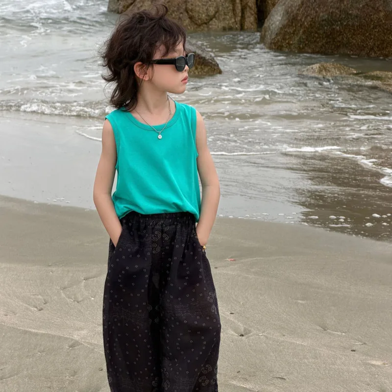 

26 Spring Summer New Children Clothes Boy Girl Underwear Cotton Aqua Green Sleeveless Knit Vest Top 3-12 Uears Pullover Outfit