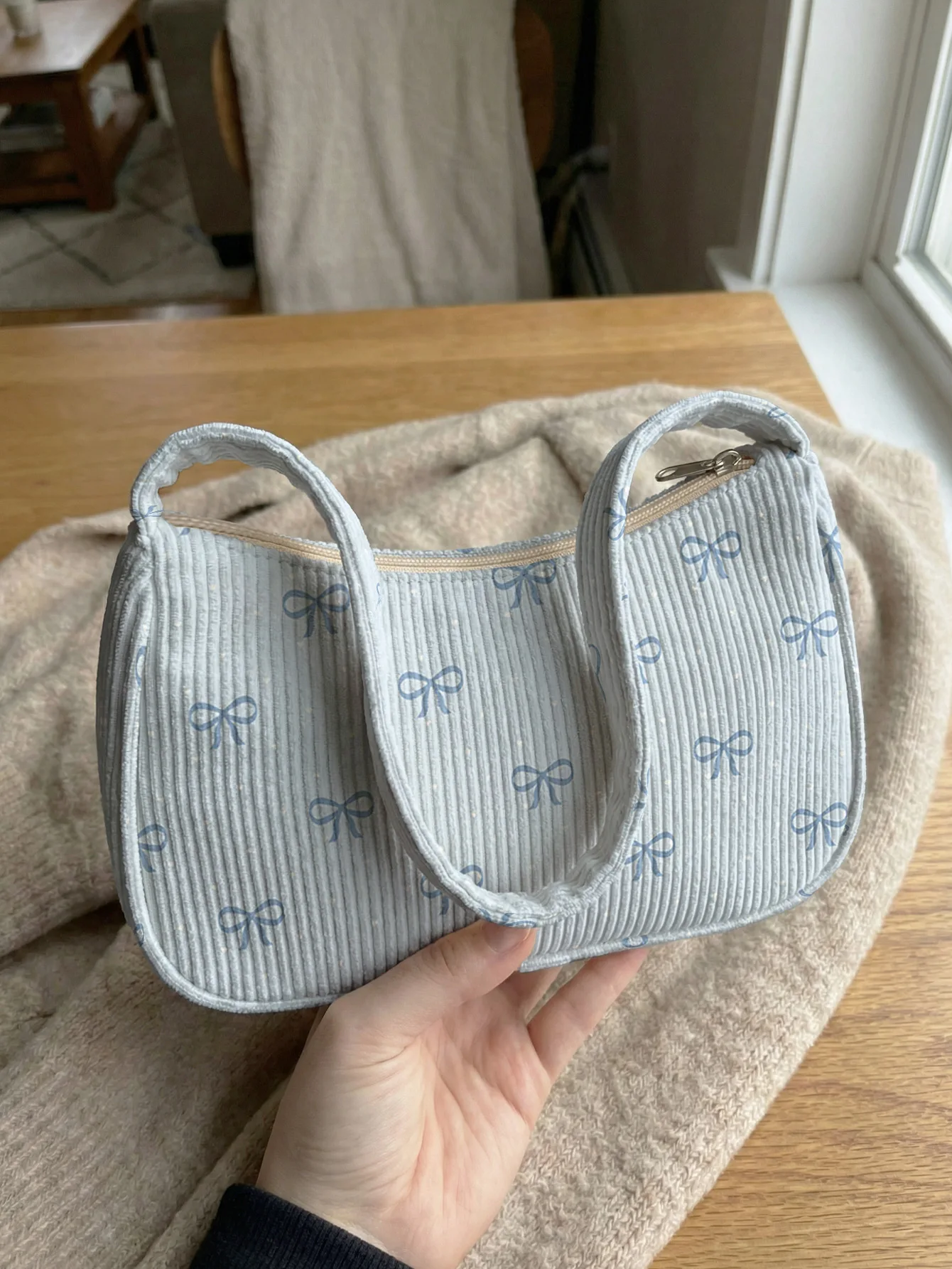 Trendy Light Blue Bow Print Shoulder Bag, Corduroy Underarm Bag for Daily Casual Use