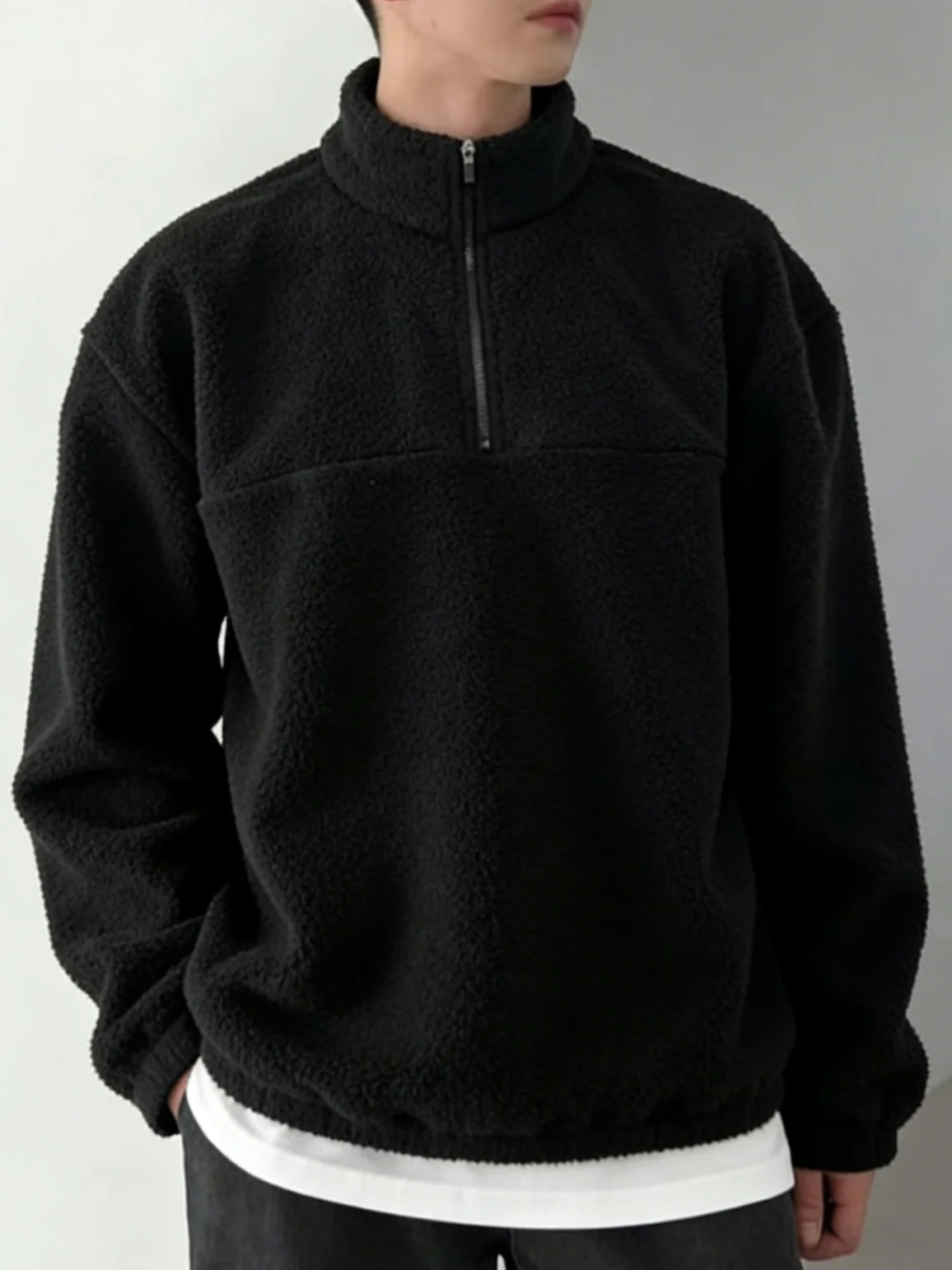 Men Half Zip Fleece Sweatshirt, Stand Collar Loose Solid Color Warm Autumn Daily Street Casual Pullover Jacket view 3