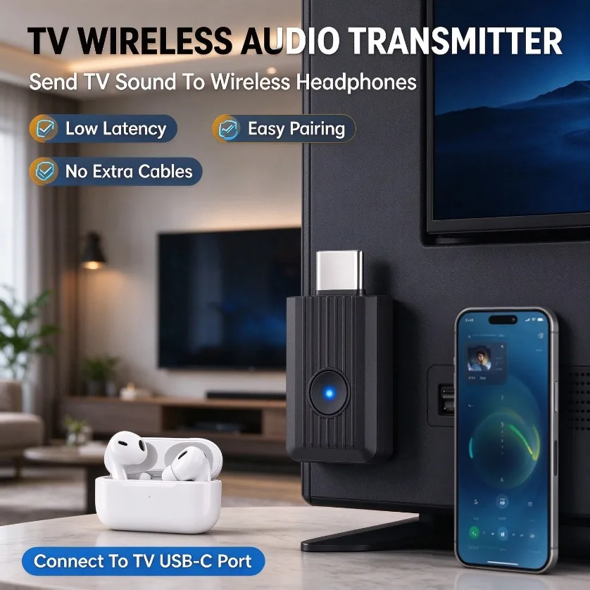Bluetooth 6.0 Audio Transmitter USB C Wireless Dongle AURACAST LE Audio QCC Chip aptX HD Low Power for TV PC Headphone Speaker