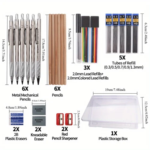 Imagen 2 del producto Angelmark Juego de lápices mecánicos de metal de 27 piezas con estuche Premium para escribir bocetos escuela materiales de oficina y arte lápices de madera