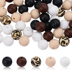 LOFCA 65pcs Cow Print Silicone Beads with String 12mm Mixed Color Silicone Beads Loose Spacer Beads for DIY Necklace Keychain