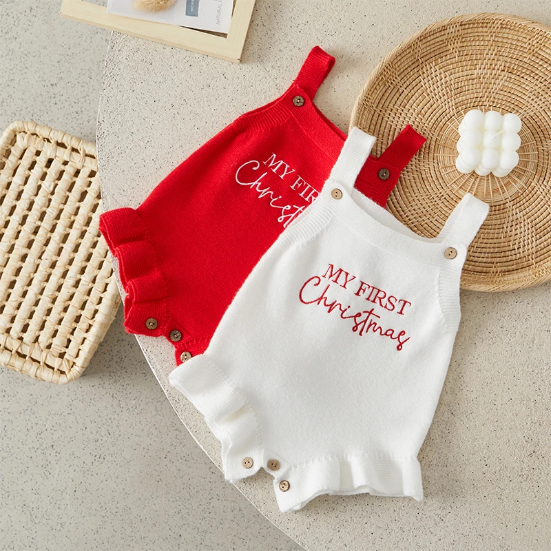 

Suefunskry Baby Girl Knit Romper Sleeveless Square Neck Letter Embroidery Ruffled Bodysuit Newborn Overalls Sweater Jumpsuit