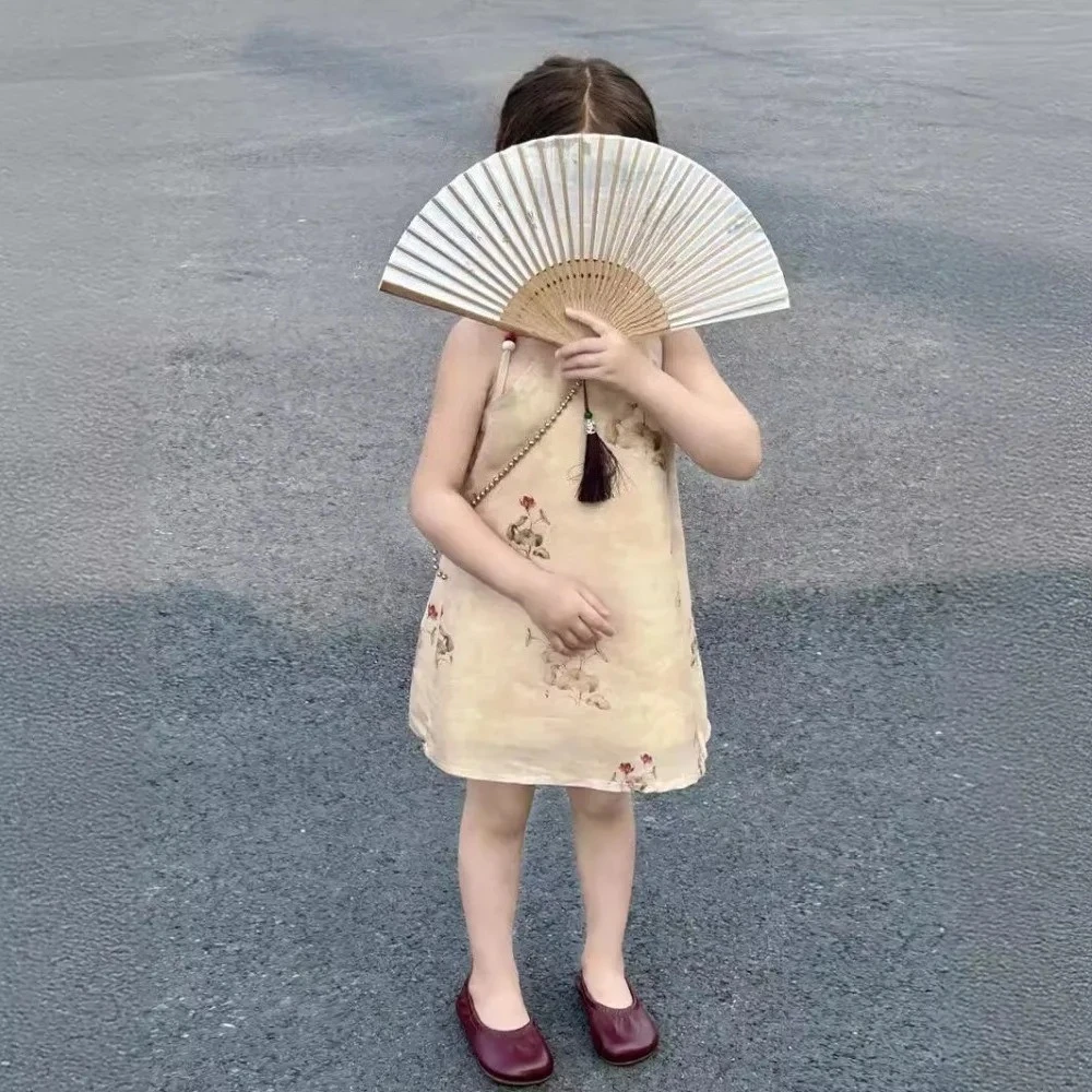 فستان صيفي للفتيات من عمر 3 إلى 7 سنوات على الطراز الصيني مطبوع بدون أكمام ورقبة معلقة قطعة واحدة ملابس أطفال ريترو حلوة #2