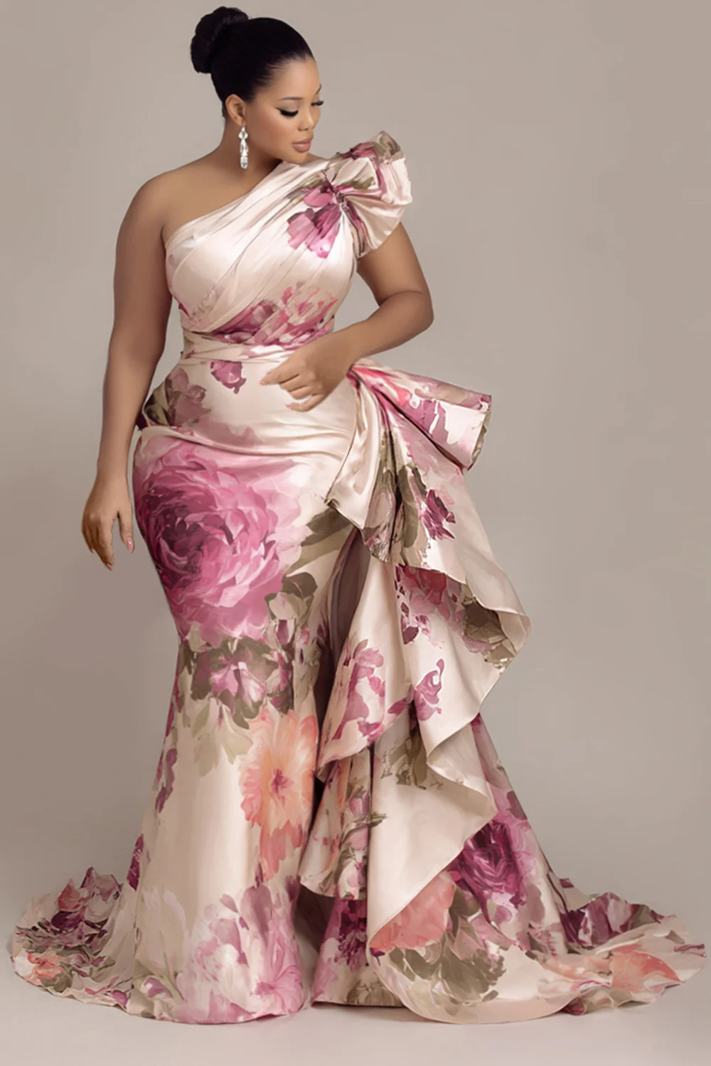 

Plus Size Formal Pink Oblique Collar One Shoulder Ruffle Elegant Satin Maxi Dresses