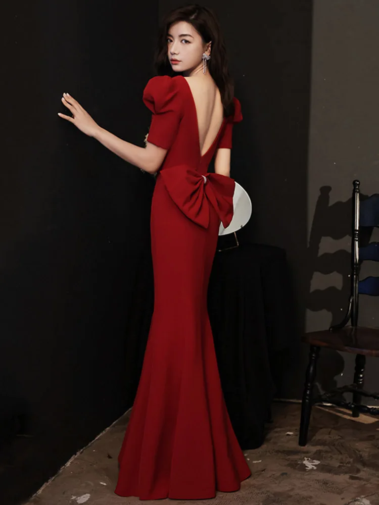 

Burgundy Elegant Long Mermaid Formal Prom Gowns Women Sexy Backless Party Evening Dresses Toast Clothing Robe De Soiree