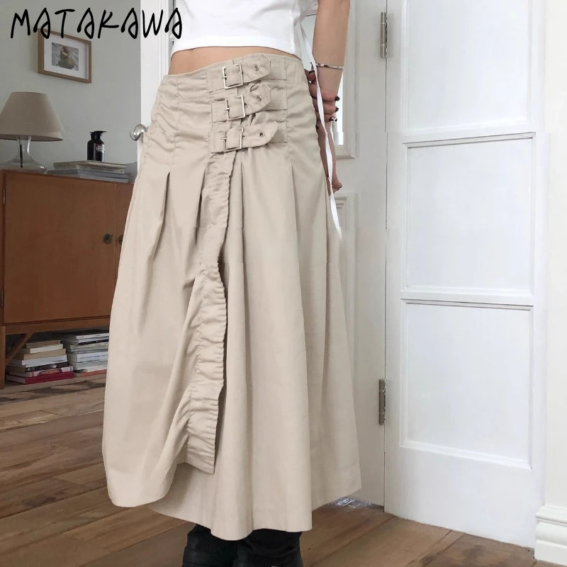 

Matakawa Y2k Cargo Skirts Woman Ruffles Solid Streetwear Spring Autumn Long Skirt Korean Fashion Vintage Grunge Faldas Mujer