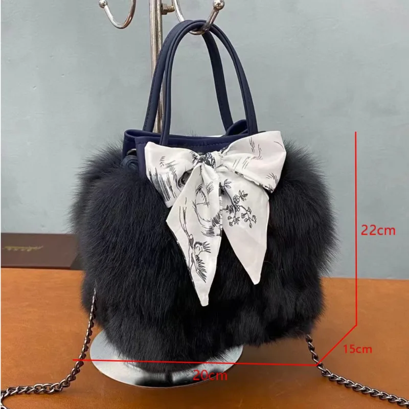 Women\'s Winter Fox Fur Bucket Bag Silk Scarf Strap Drawstring Bag Female Large Capacity Shopping Bag Fashion Shoulder Bags