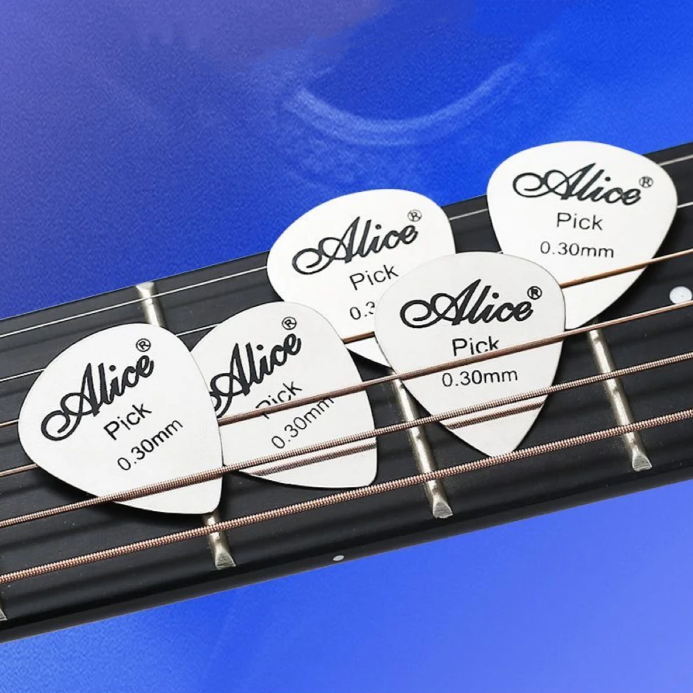 5 Piece Pack Alice Metal Guitar Pick 0.3mm Thin And Durable Silver Professional Bass Guitar Pick Stainless Steel Drop-Shaped