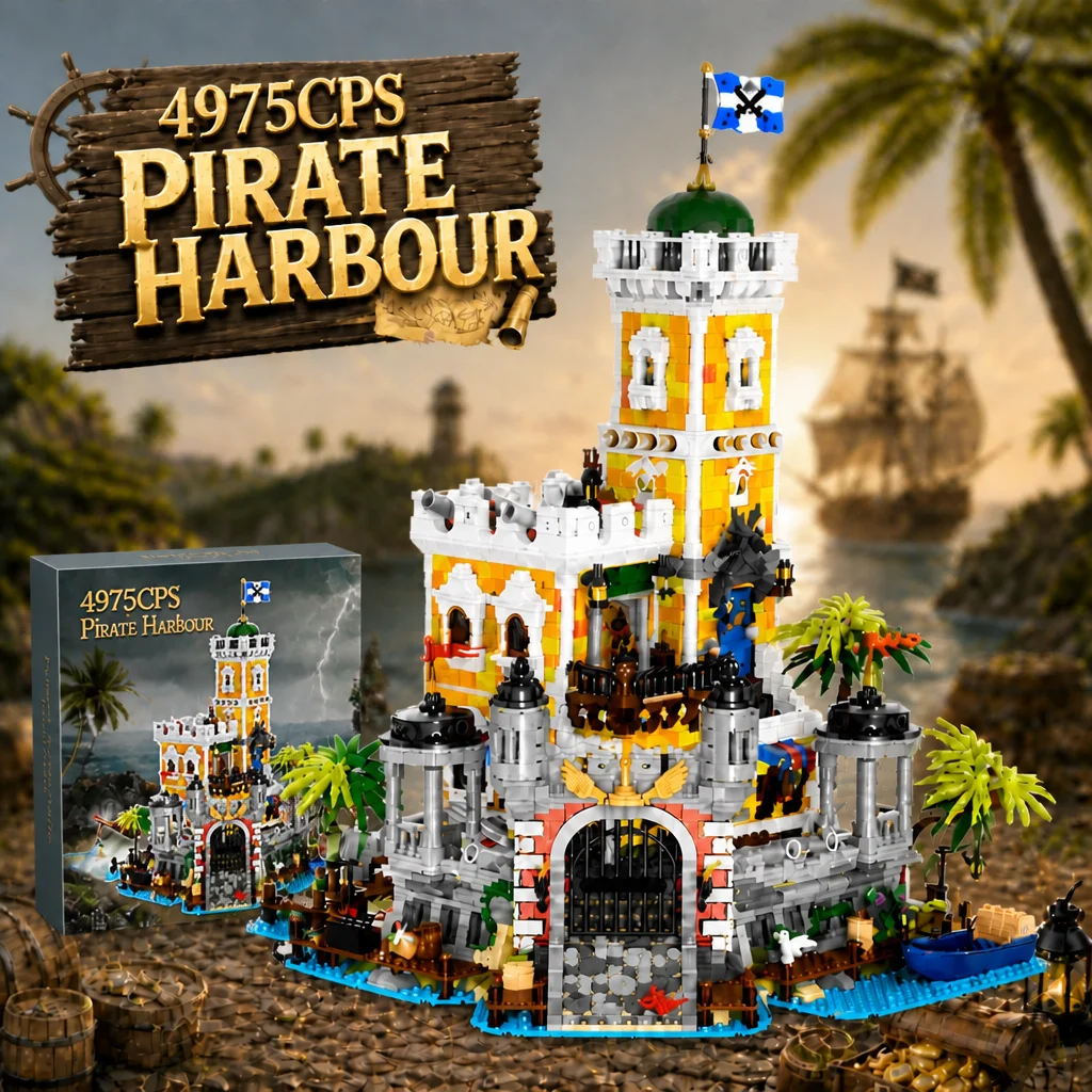 Klemmbausteine Piratenhafen Mittelalterliche Burg Beleuchtete Bausteine Straßenansicht Modulares Montagemodell Bausteine-Kollektion Geschenk für Erwachsene 4975 Teile