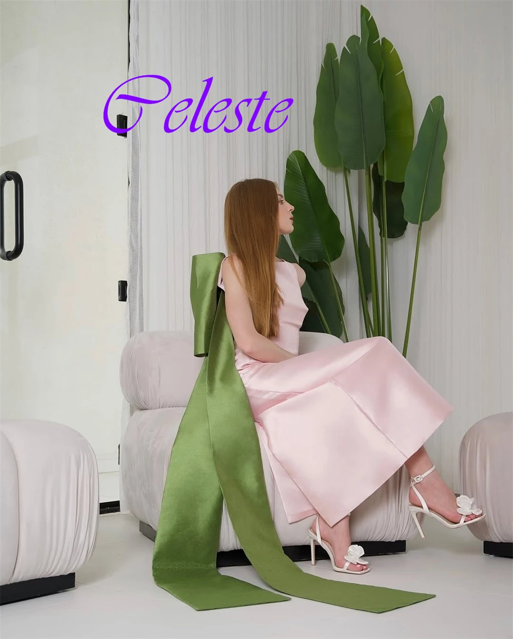 فستان سهرة رائع مخصص برقبة دائرية بدون أكمام عالي الجودة من الساتان فساتين لحضور الحفلات الموسيقية بفيونكة حساسة على شكل حرف a فساتين العودة للوطن