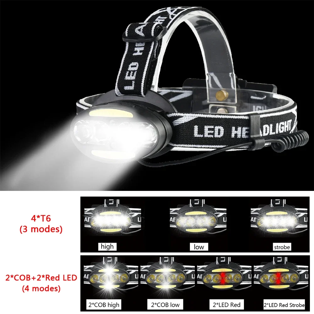 Super Bright 4*LED +2*COB+2*Red LED Headlamp 18650 Rechargeable Headlight Waterproof Head Lamp for Camping Hiking Fishing