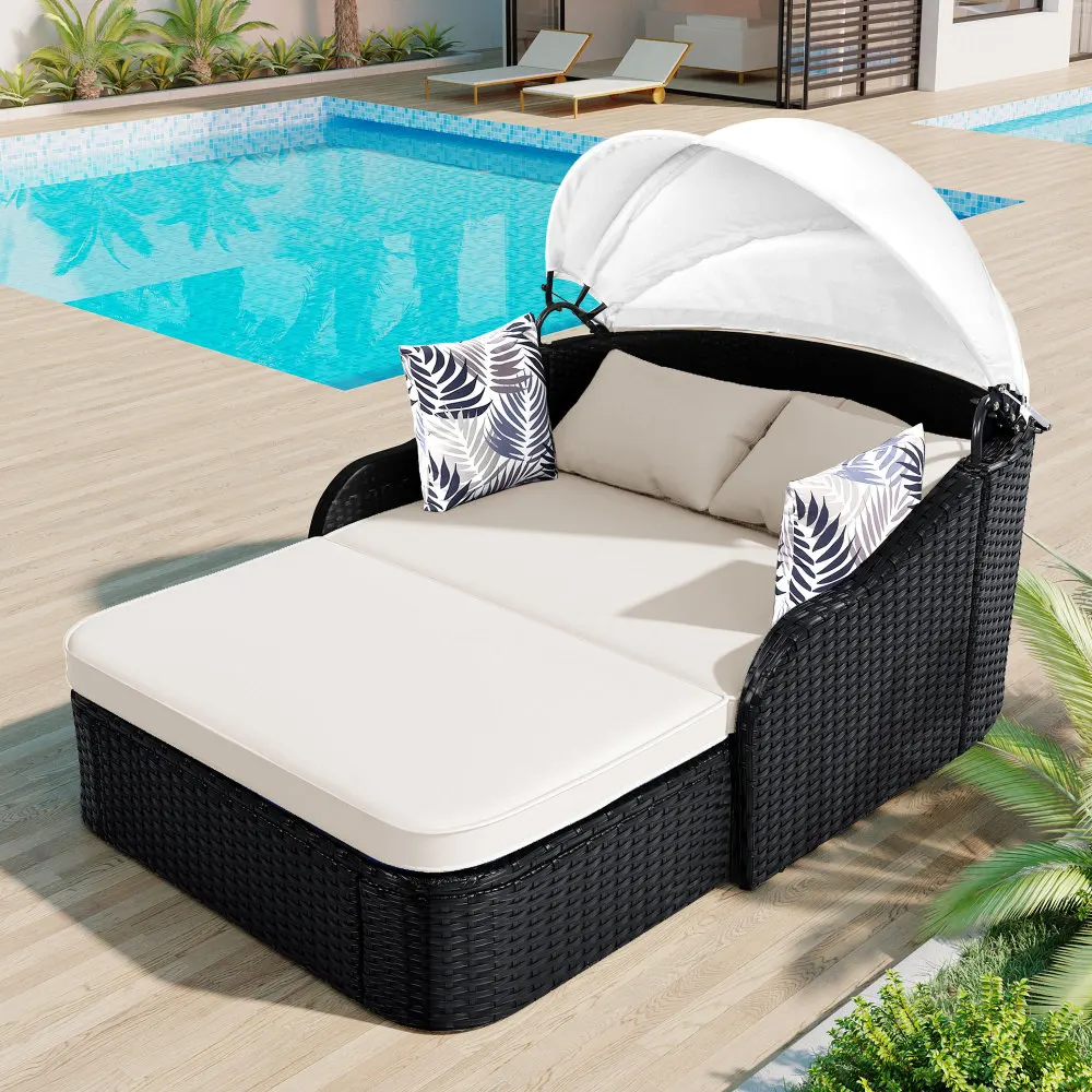

GO 79.9" Outdoor Sunbed with Adjustable Canopy, Double lounge, PE Rattan Daybed, Black Wicker and Beige Cushion