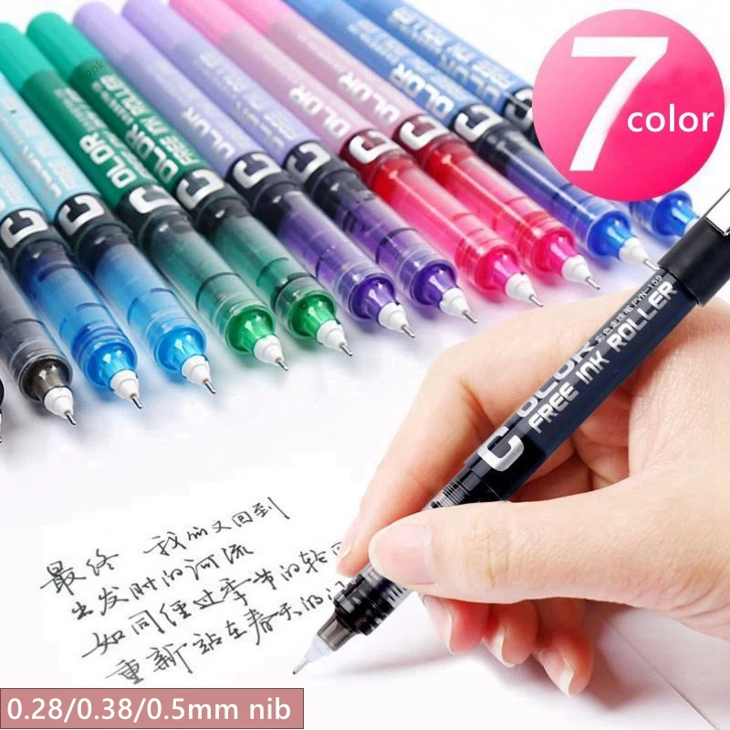 7pcs/set Large Capacity Straight liquid Roller Gel Pens 0.28/0.38/0.5mm Needle Tip Colour Ink Ball Pen School Office Stationery