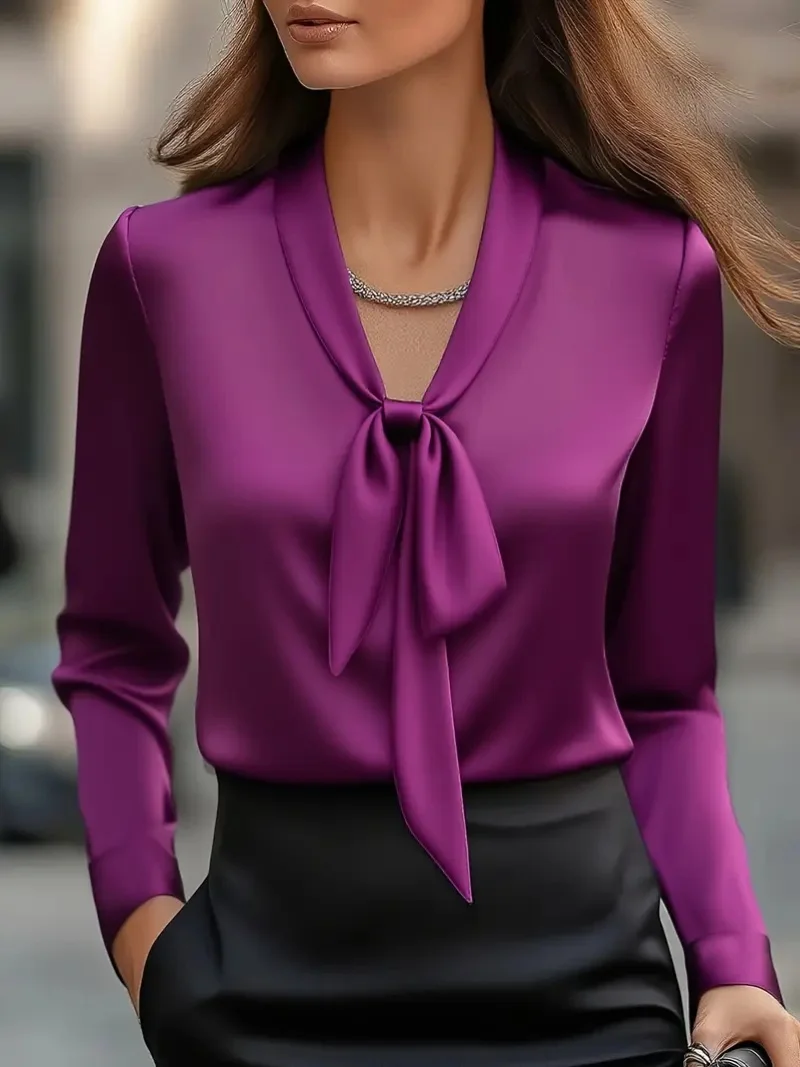 Fashionable and elegant solid colour laced satin long-sleeved shirt women's clothing
