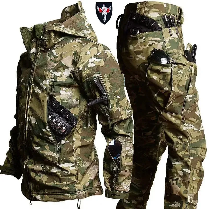 Outdoor Hunting Clothes Ghillie Suit Outwear Camping Hiking Training Trip Windbreaker Softshell Fleece Jackets Pants Uniform 6XL