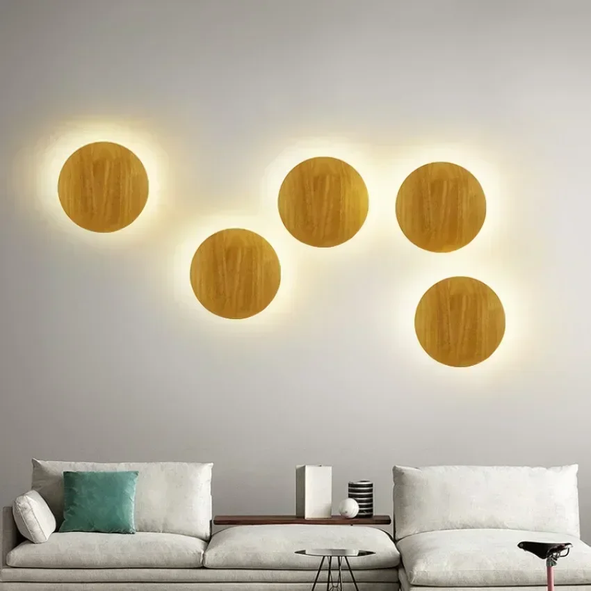 

Circular LED Wall Lights Modern Creative Minimalist Wooden Fixtures Corridor Living Room Bedroom Decoration Lighting