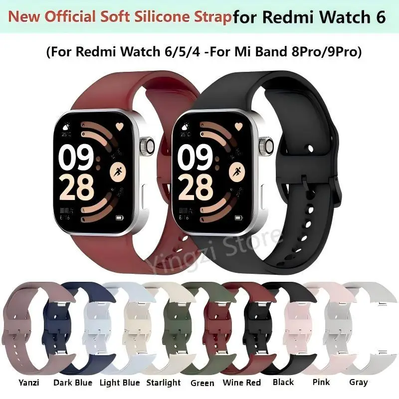 Pulseira de Silicone para Redmi Watch 6 5 4, Pulseira Oficial para Mi Band 10Pro 9Pro 8Po, Acessórios de Substituição