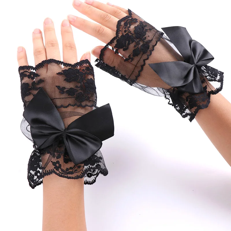 

1Pair Black Lace Mesh Flower Fake Sleeves Detachable Wrist Cuffs Short Fingerless Gloves Wrist Bridal Dress Accessory