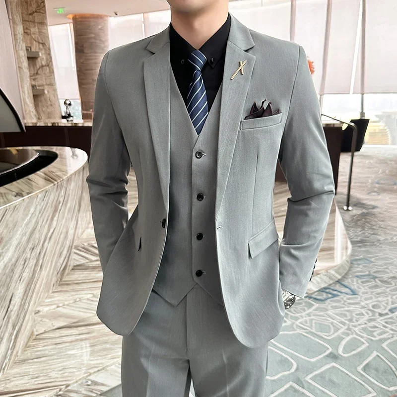 Mens Suits (Blazer+ Vest + Pants) Men\'s Fashion Business Korean Version Slim-fit Wedding Professional Wear Gentleman Dress 5XL